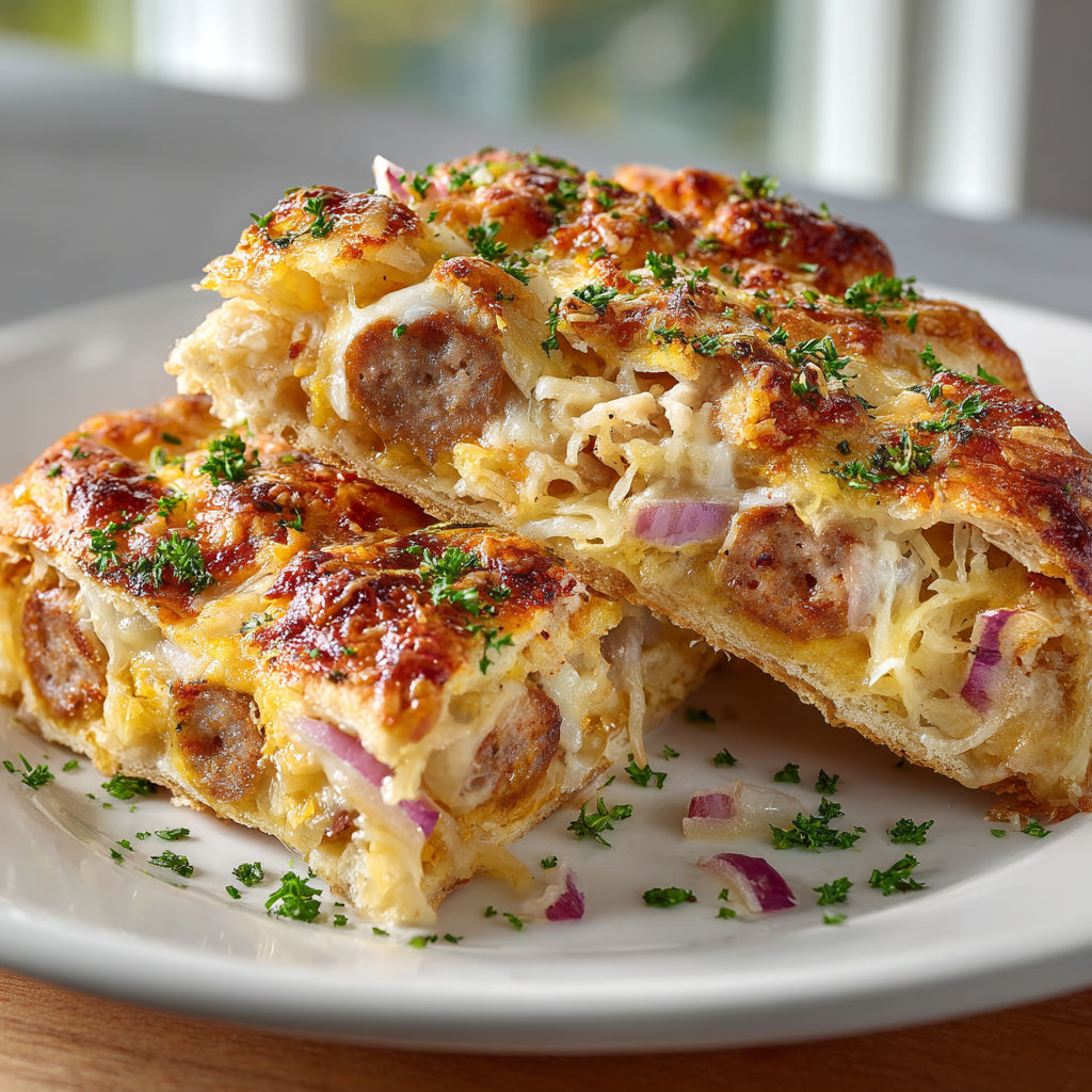 Two slices of bratwurst and sauerkraut pizza rolls.