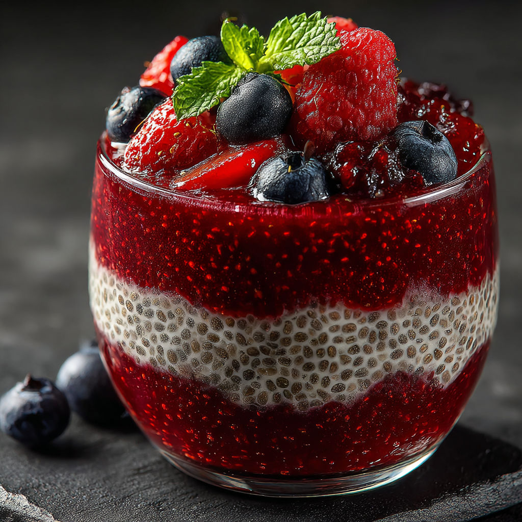 A glass of red berries and chia seeds.