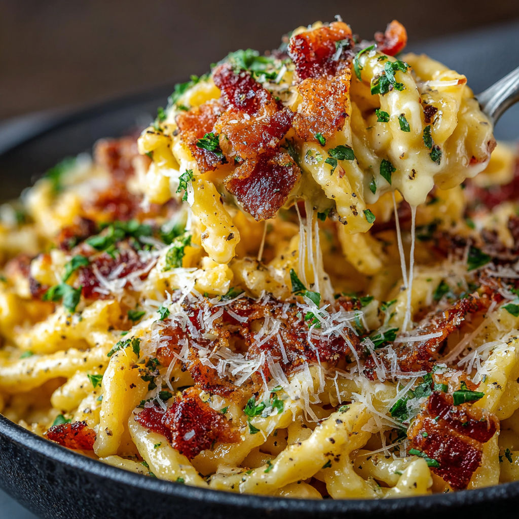A bowl of Spätzle Carbonara with Crispy Bacon.