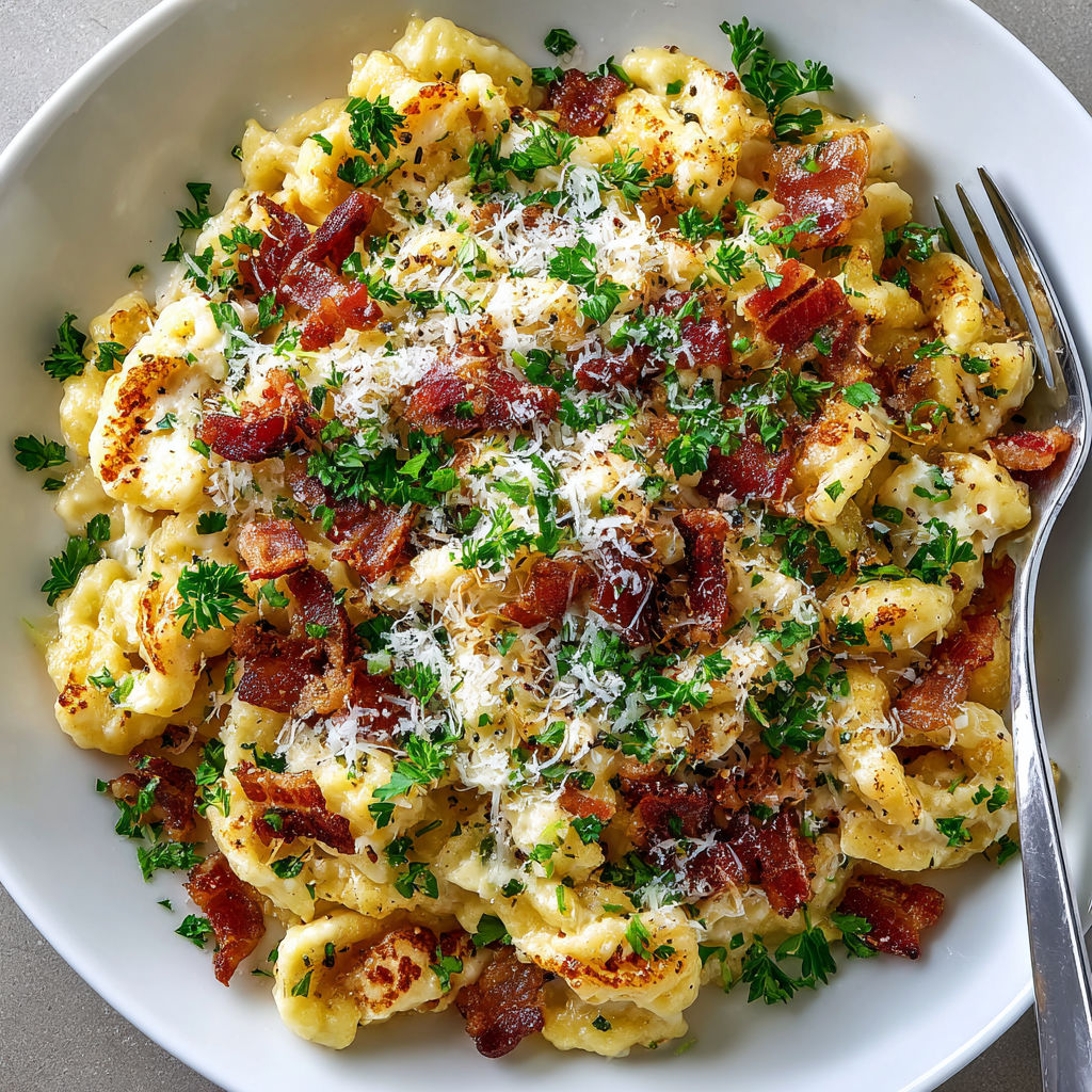 A bowl of Spätzle Carbonara with Crispy Bacon.