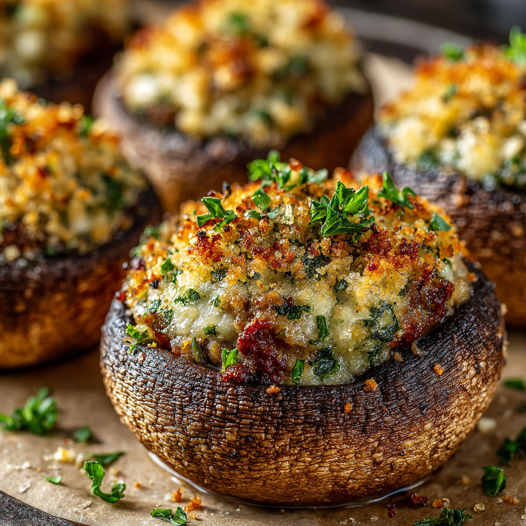 A plate of mushrooms stuffed with meat.
