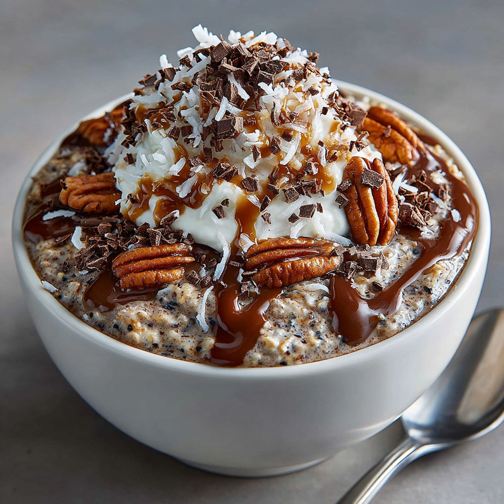 A bowl of German Chocolate Cake Overnight Oats.