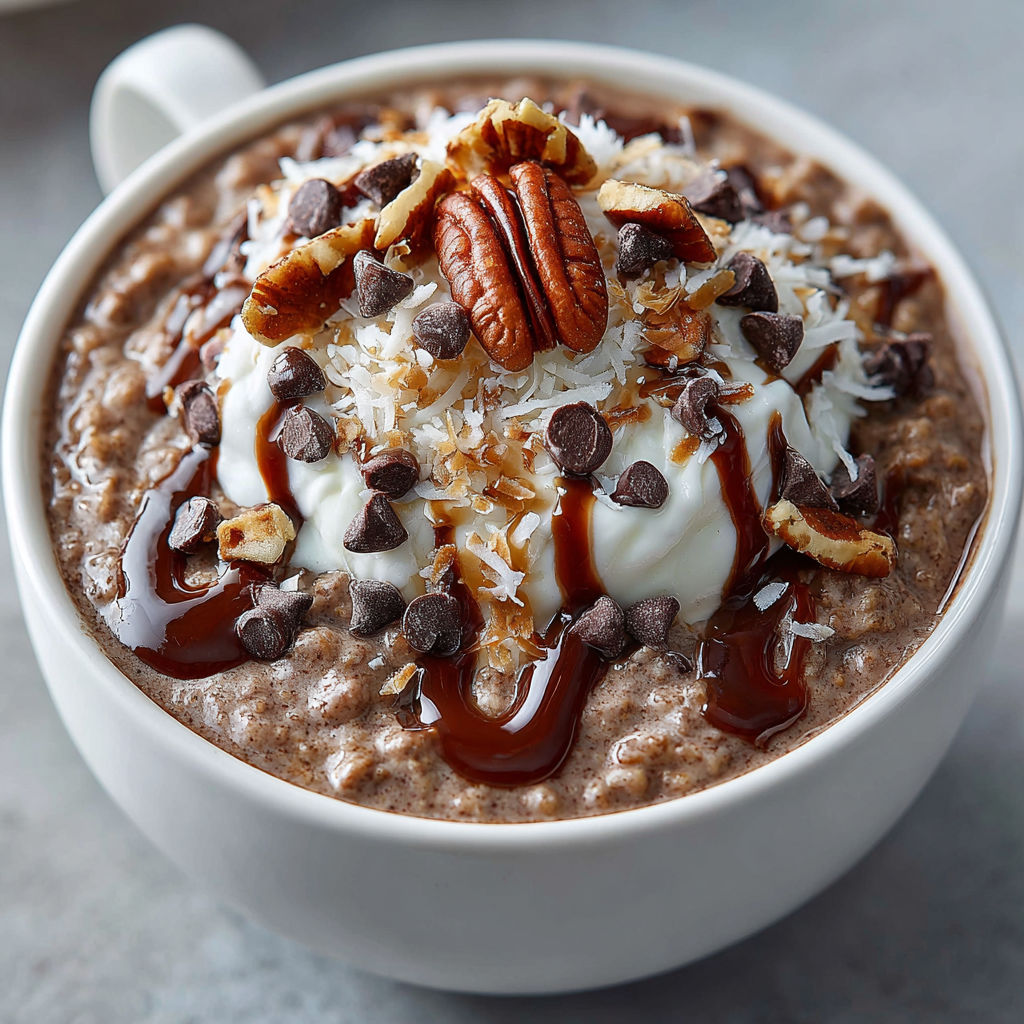 A cup of German Chocolate Cake Overnight Oats.