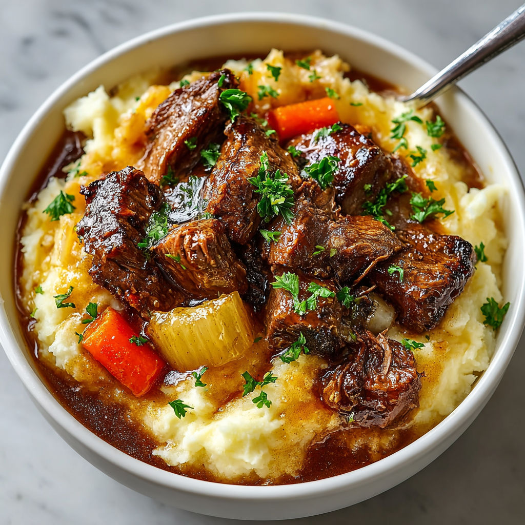 A bowl of beef stew with carrots and potatoes.