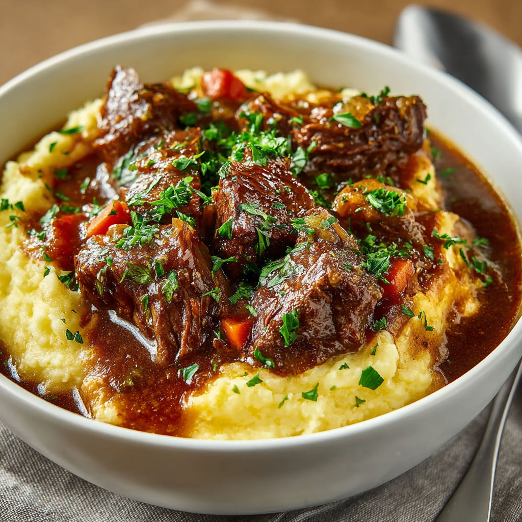 A bowl of beef stew with vegetables.