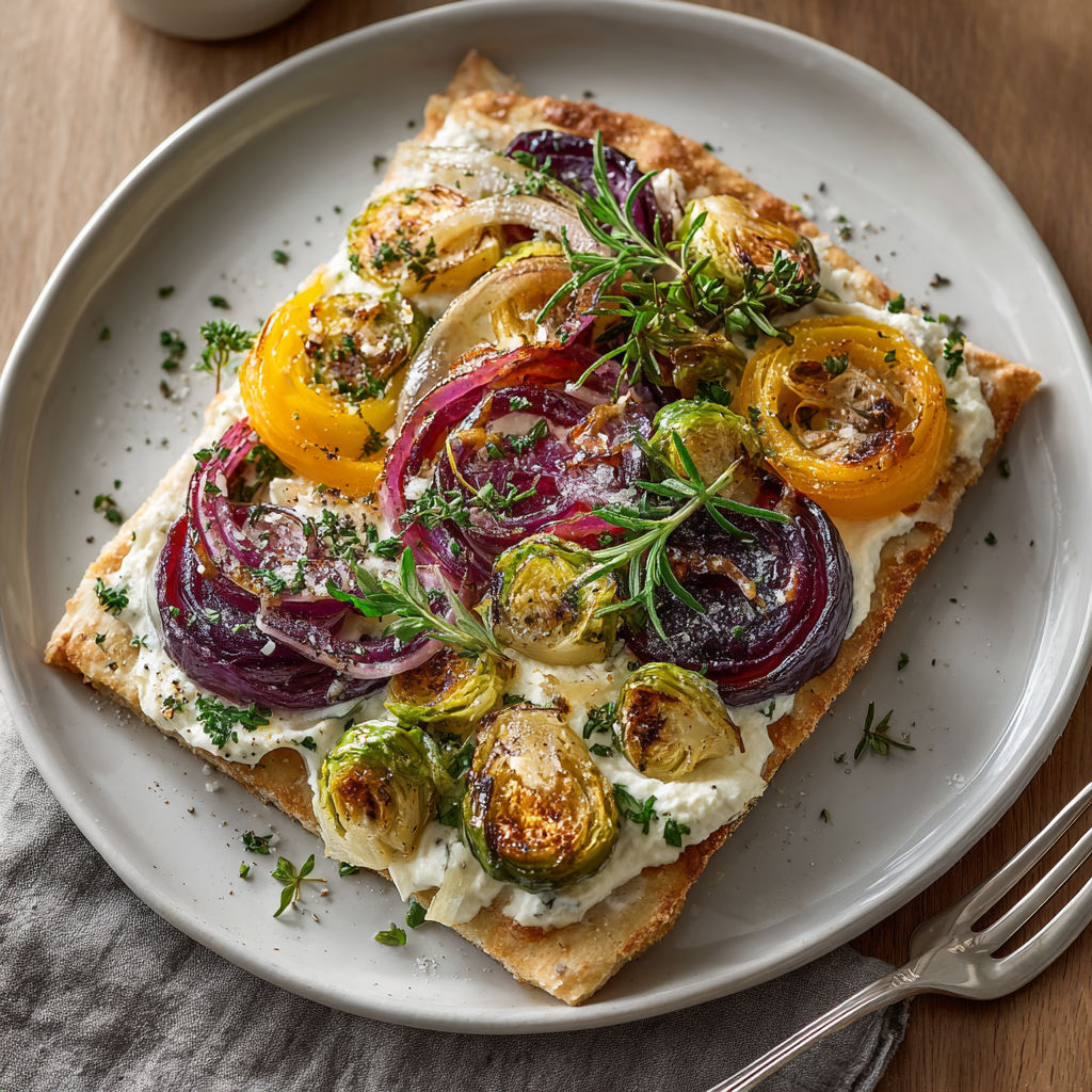 A Flammkuchen Flatbread with Winter Vegetables.
