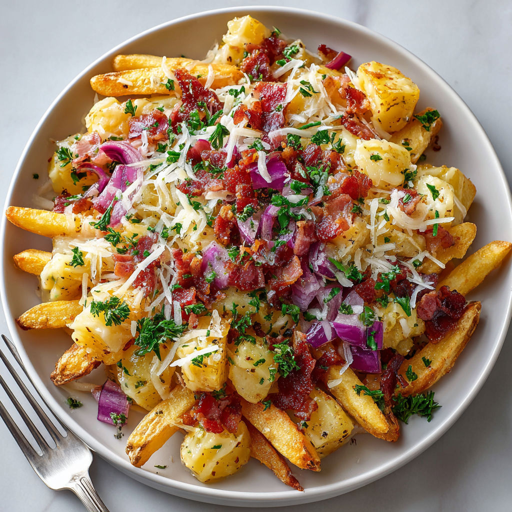 A plate of food with cheese and bacon.