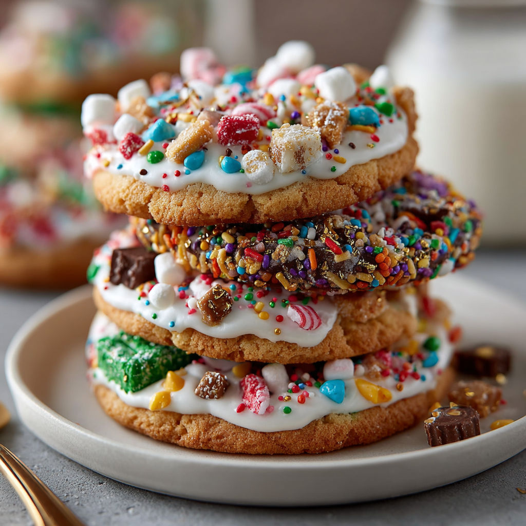 A stack of Christmas cookies with various toppings.