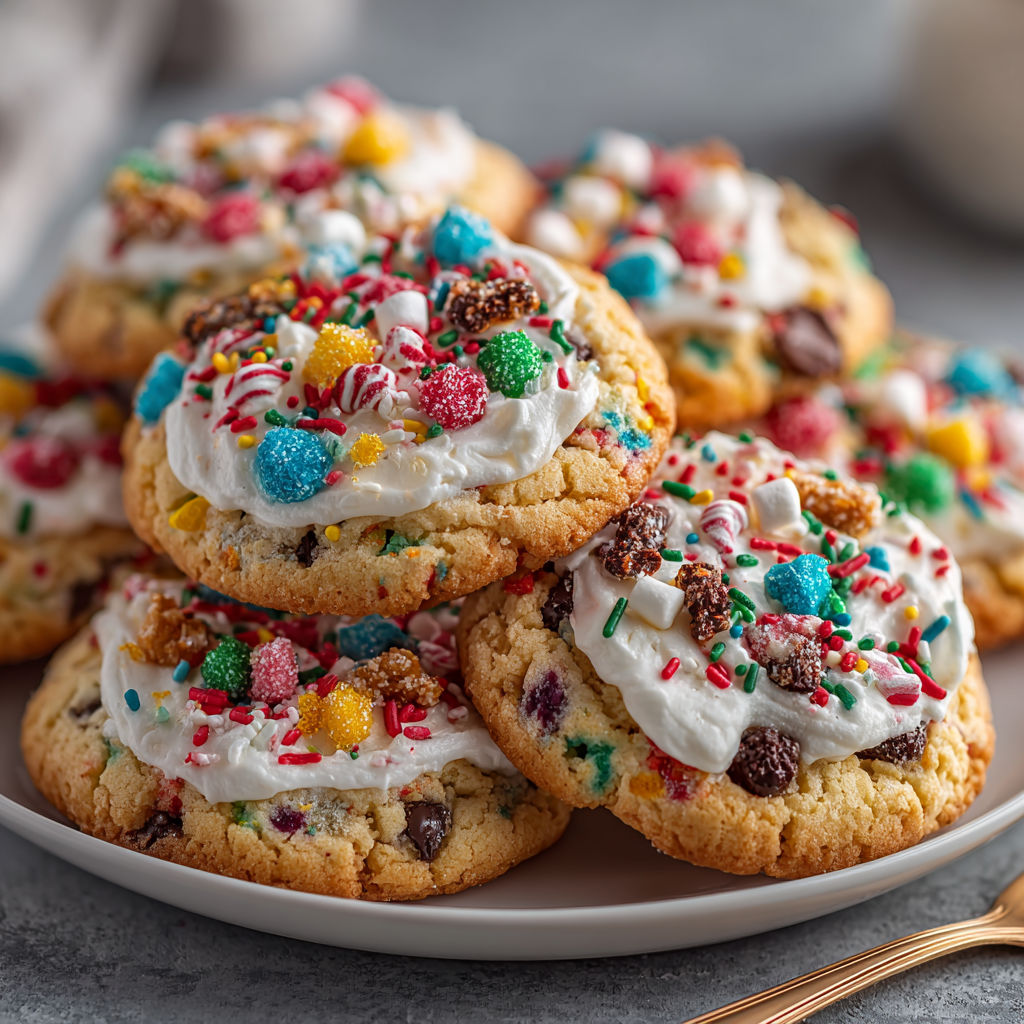 A plate of colorful cookies with white frosting.