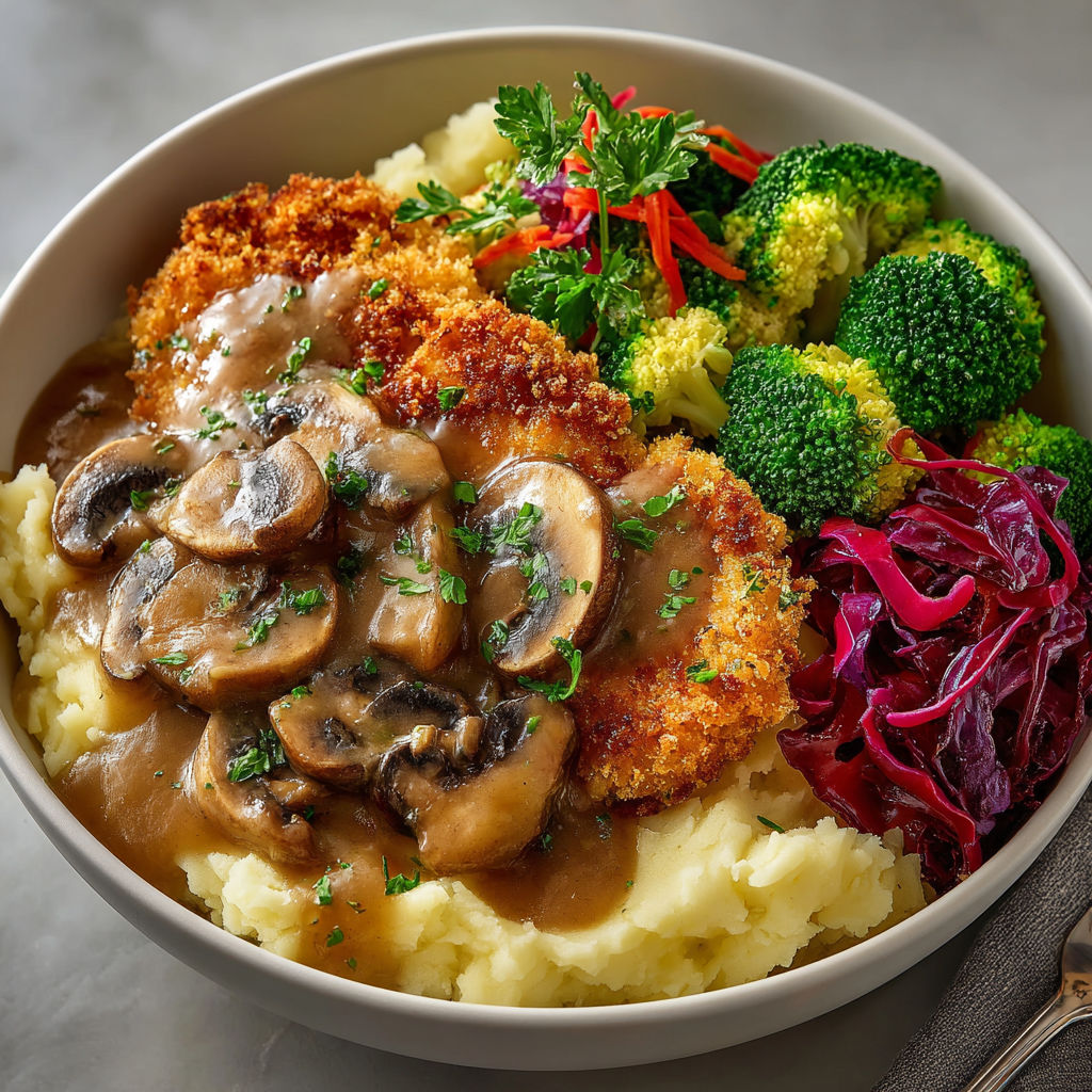 A bowl of food with mushrooms and broccoli.