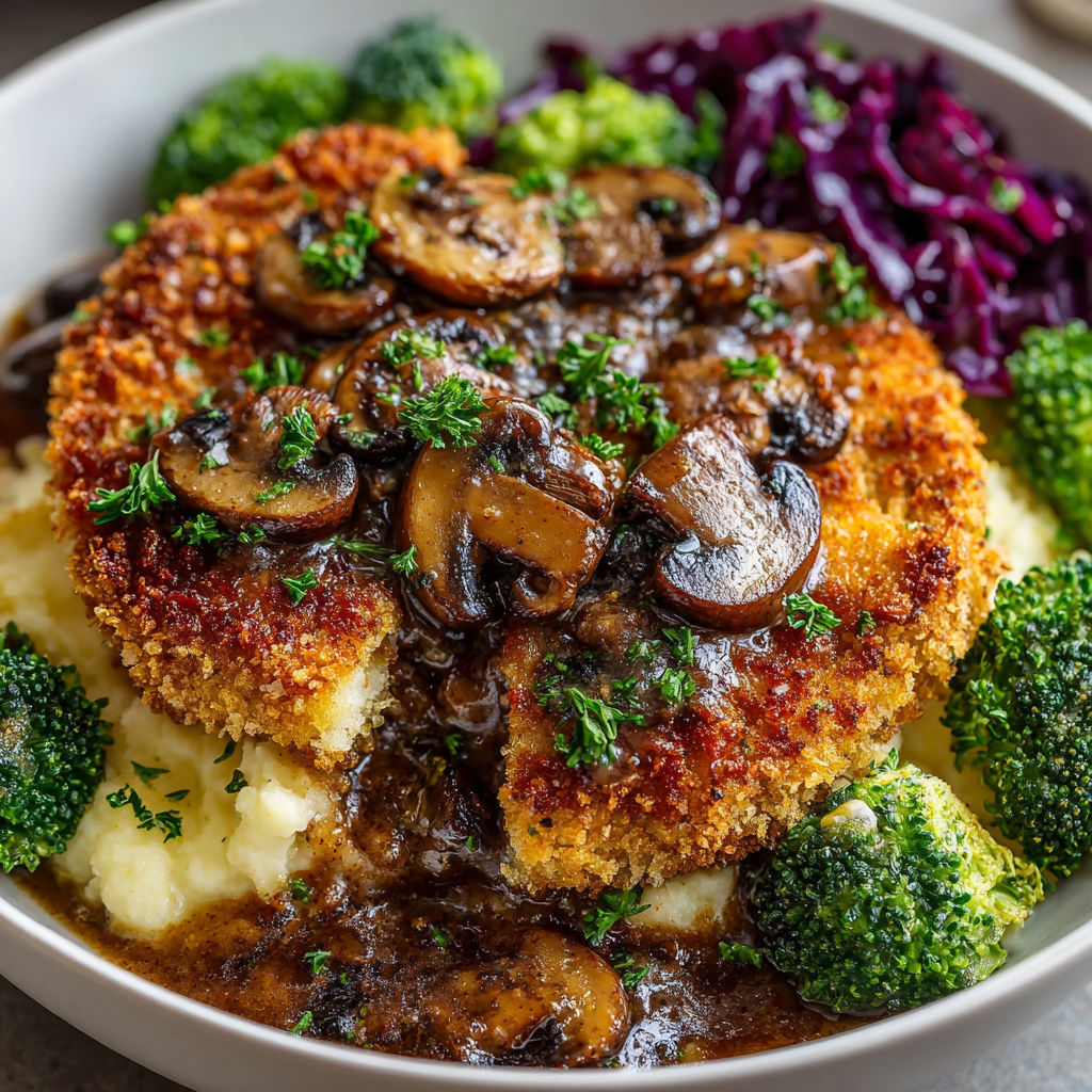 A plate of food with mushrooms, broccoli, and potatoes.
