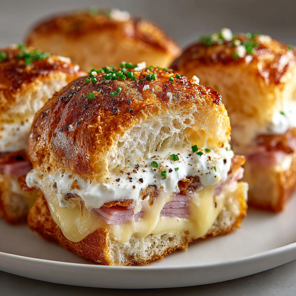 A plate of sandwiches with meat and cheese.