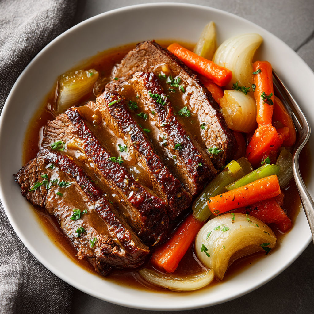 A plate of sauerbraten with carrots and onions.