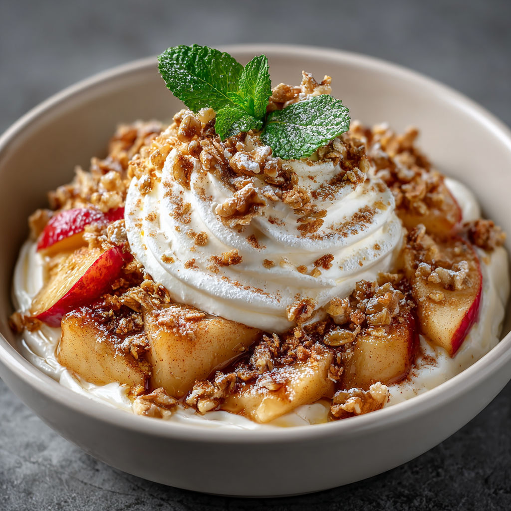A bowl of deconstructed apple strudel breakfast parfait.