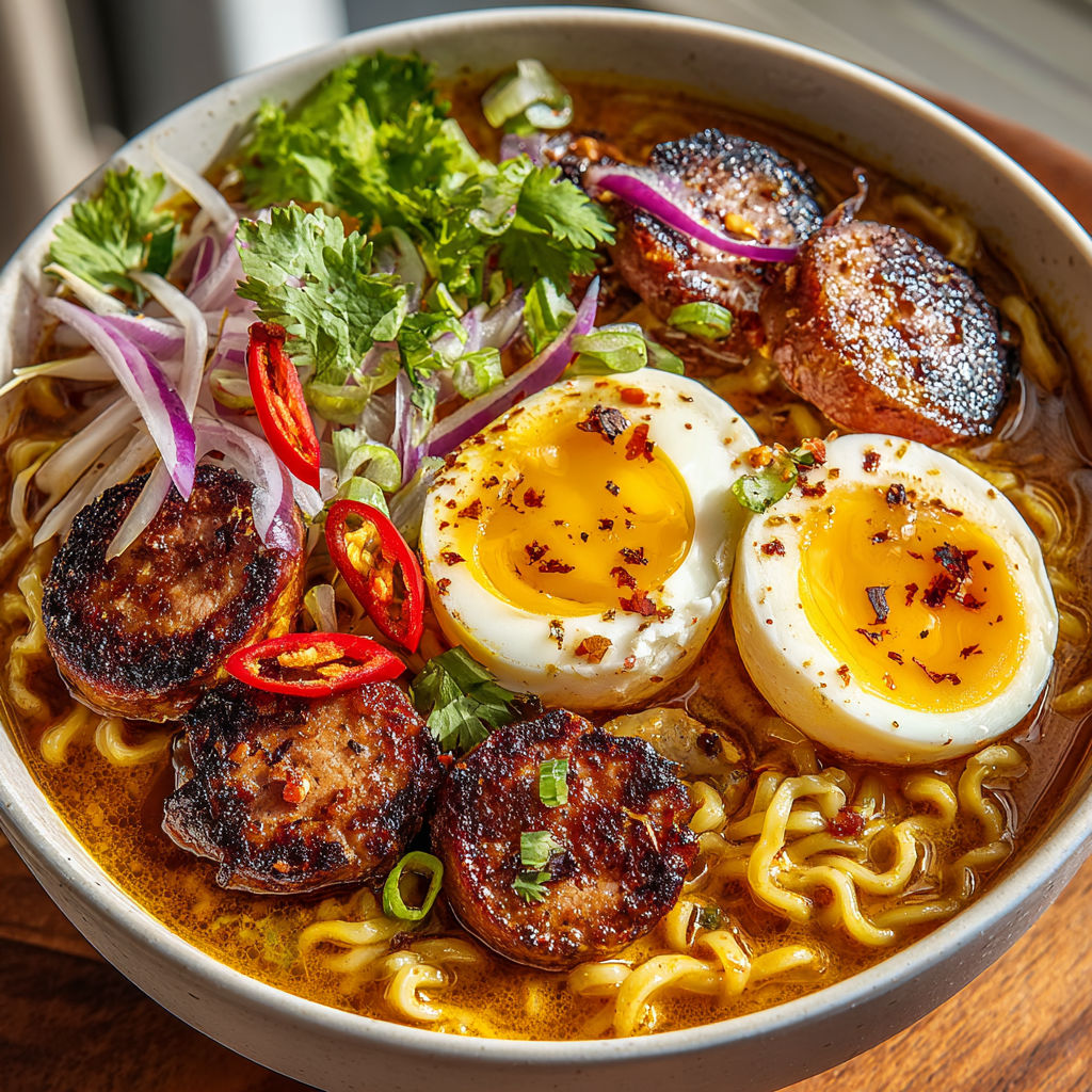 A bowl of fusion currywurst ramen.