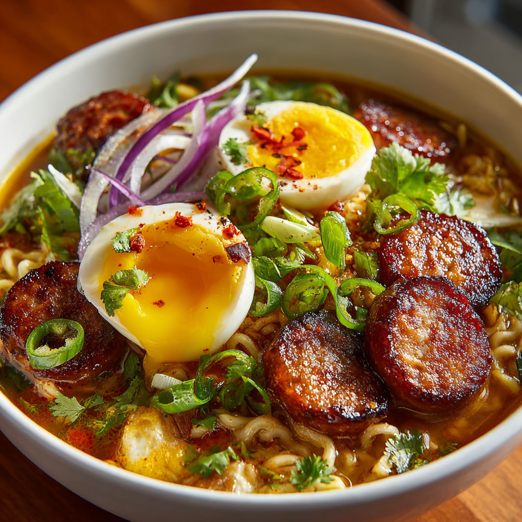 A bowl of noodles with eggs and sausage.