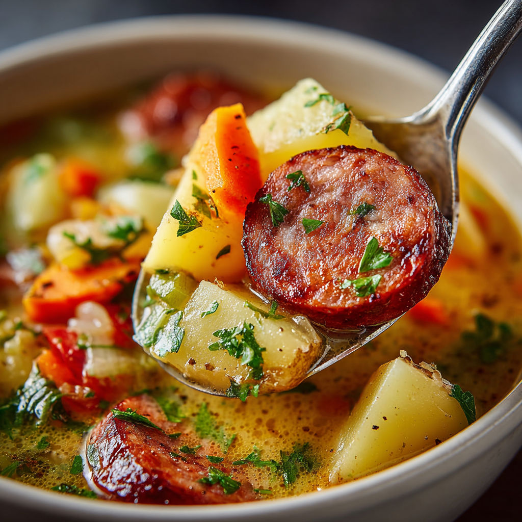 A spoon is in a bowl of soup.