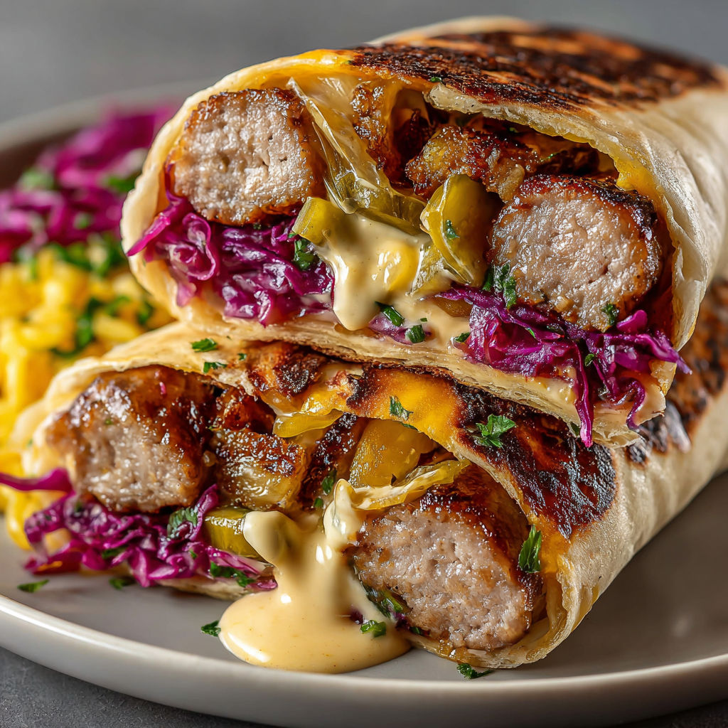 A plate of food with a bratwurst wrap and pickle fix.