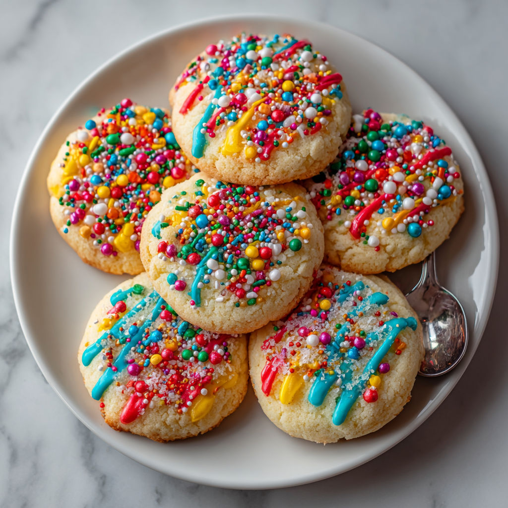 A plate of colorful cookies with sprinkles.