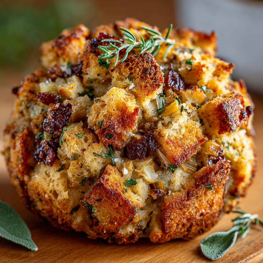 A close up of a vegan roasted chestnut and apple stuffing ball.