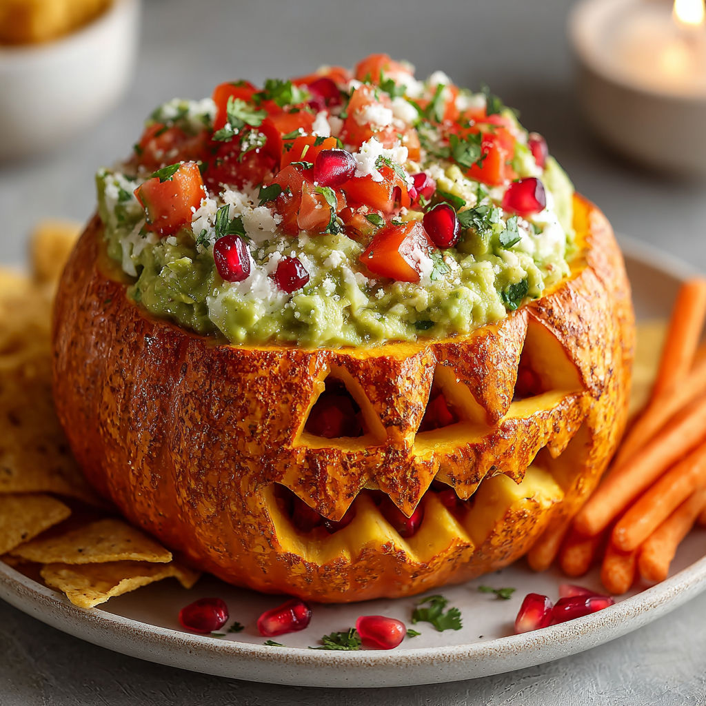 A pumpkin is filled with a vegan cashew-guacamole mixture.