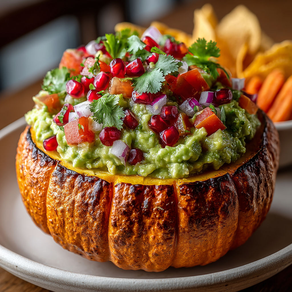 A vegan cashew-guacamole pumpkin is displayed on a plate.