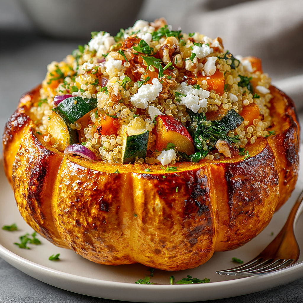 A stuffed pumpkin with a variety of vegetables.