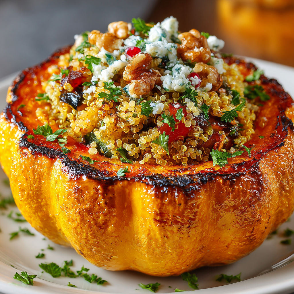 A stuffed pumpkin with quinoa and nuts.