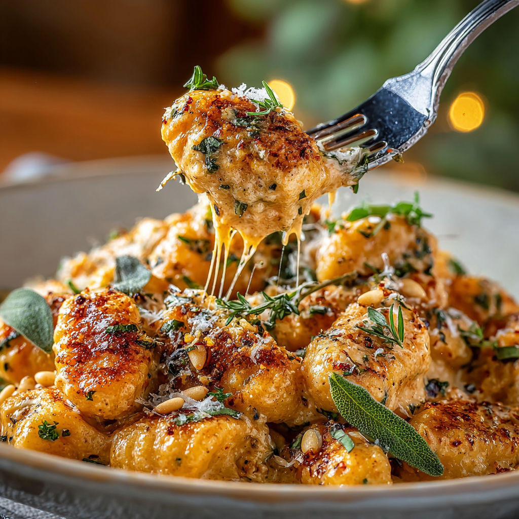 A fork is being used to eat a dish of vegan oat cream pumpkin gnocchi with sage.
