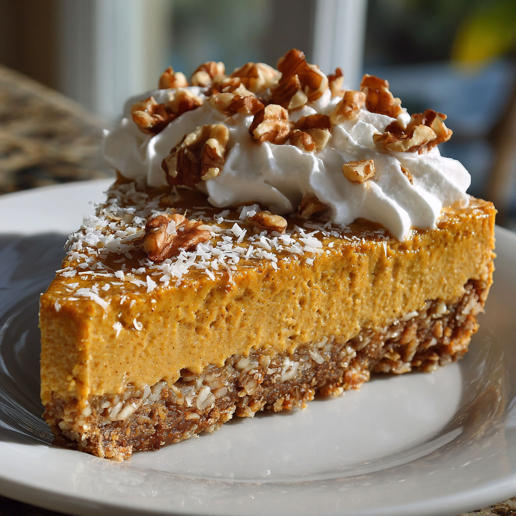 A slice of pumpkin cheesecake with whipped cream on top.