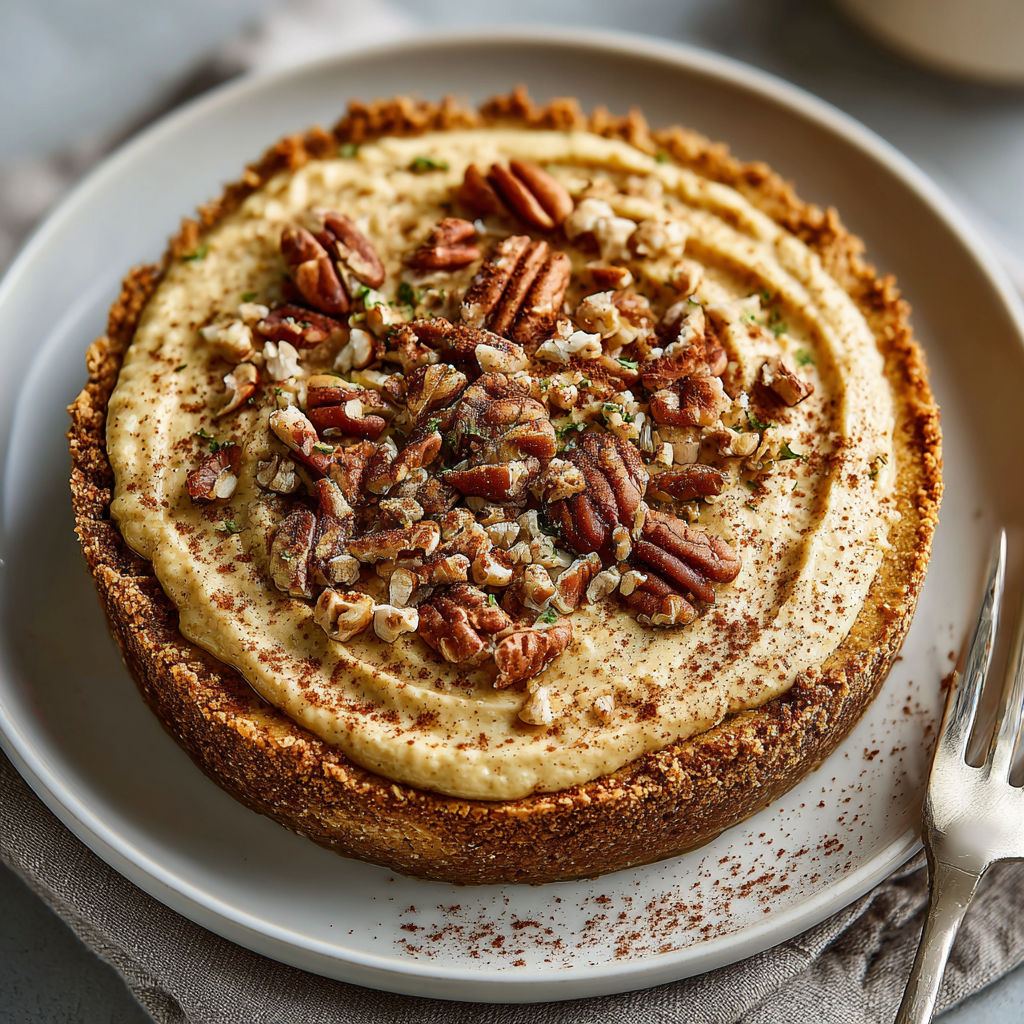 A slice of pumpkin cheesecake on a white plate.