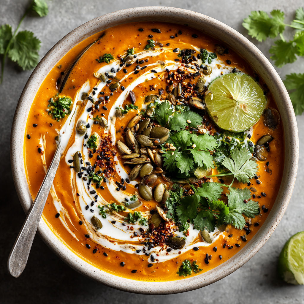 A bowl of soup with a spoon in it.