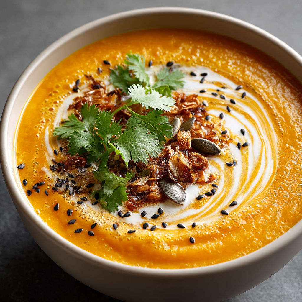 A bowl of soup with a spoon in it.