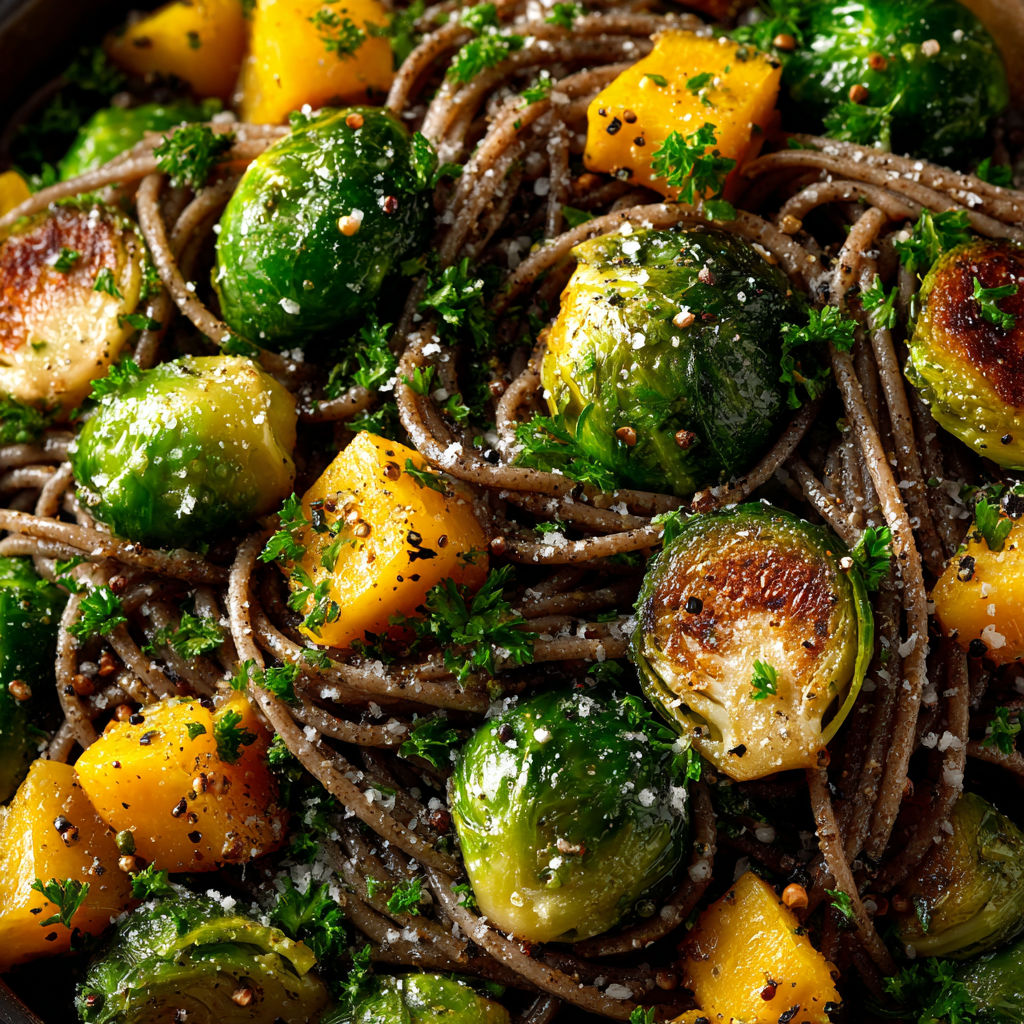 A bowl of pasta with roasted pumpkin and brussels sprouts.