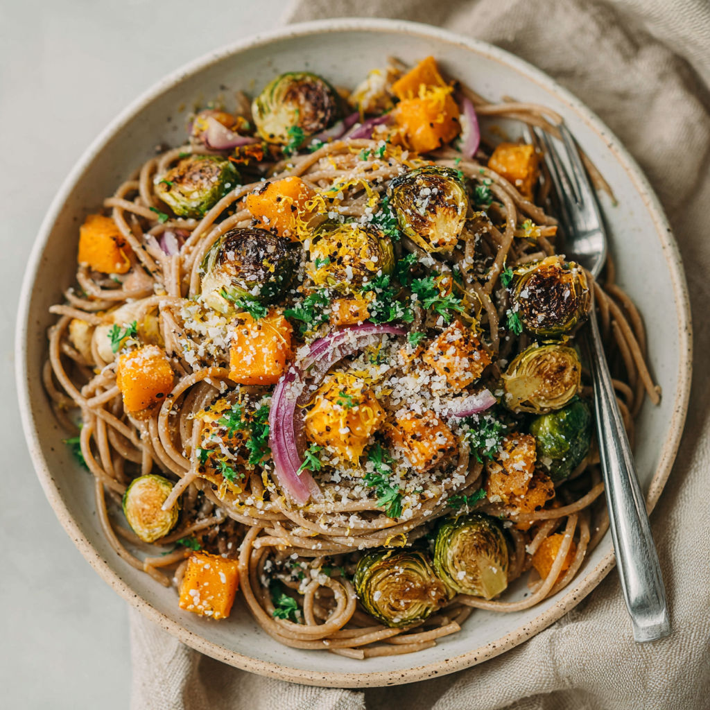 A bowl of pasta with roasted pumpkin and brussels sprouts.