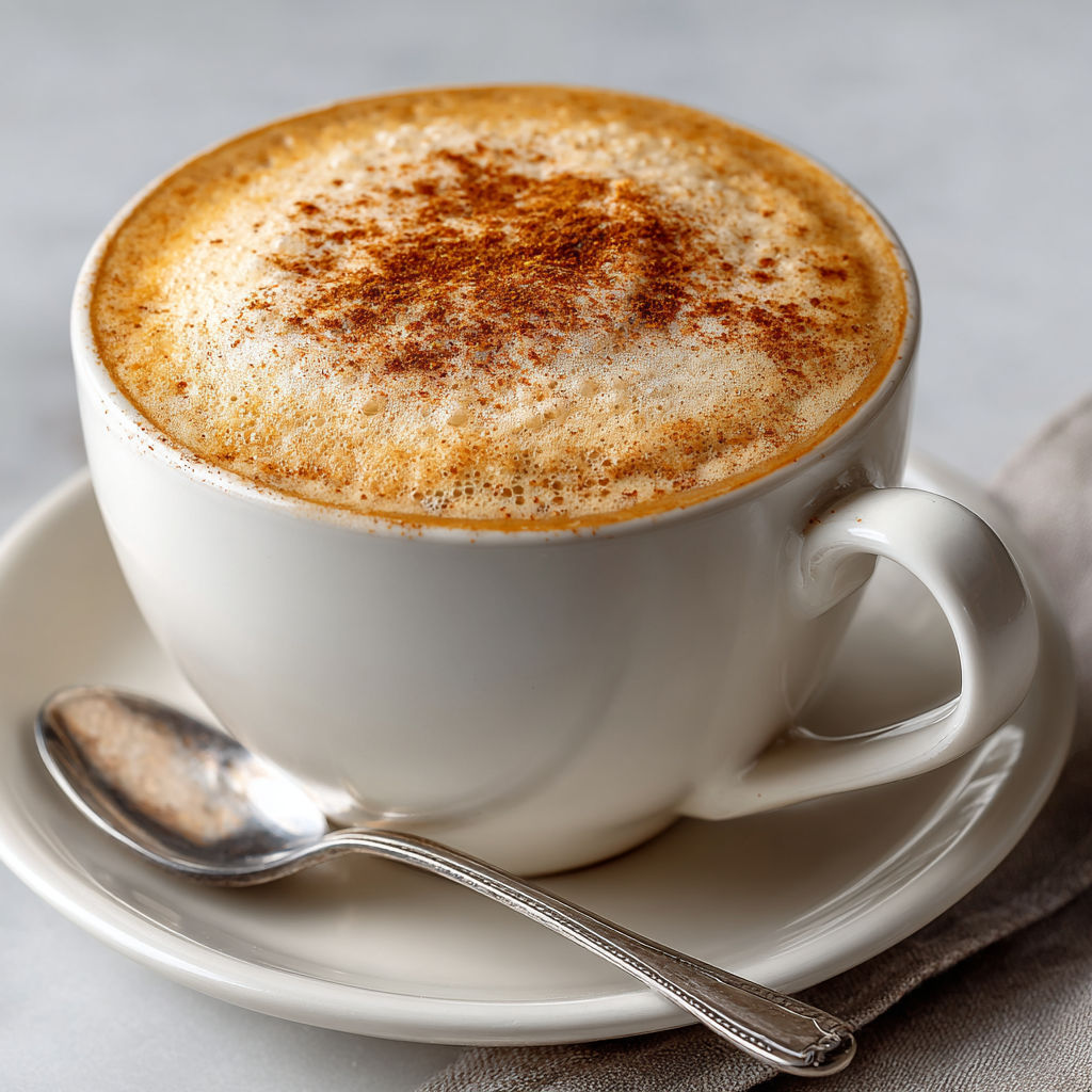 A cup of coffee with a spoon in it.