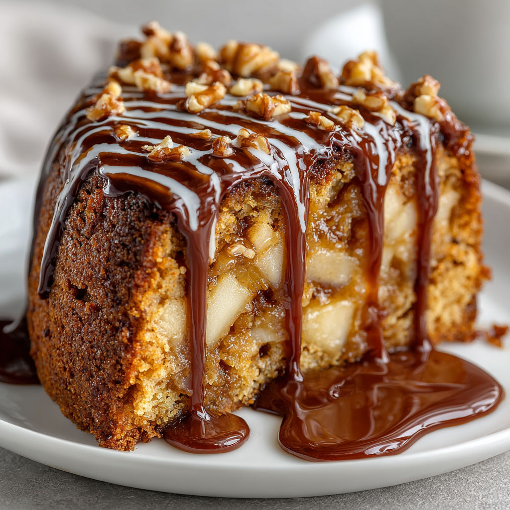 A slice of sugar-free apple cake with chocolate drizzle.