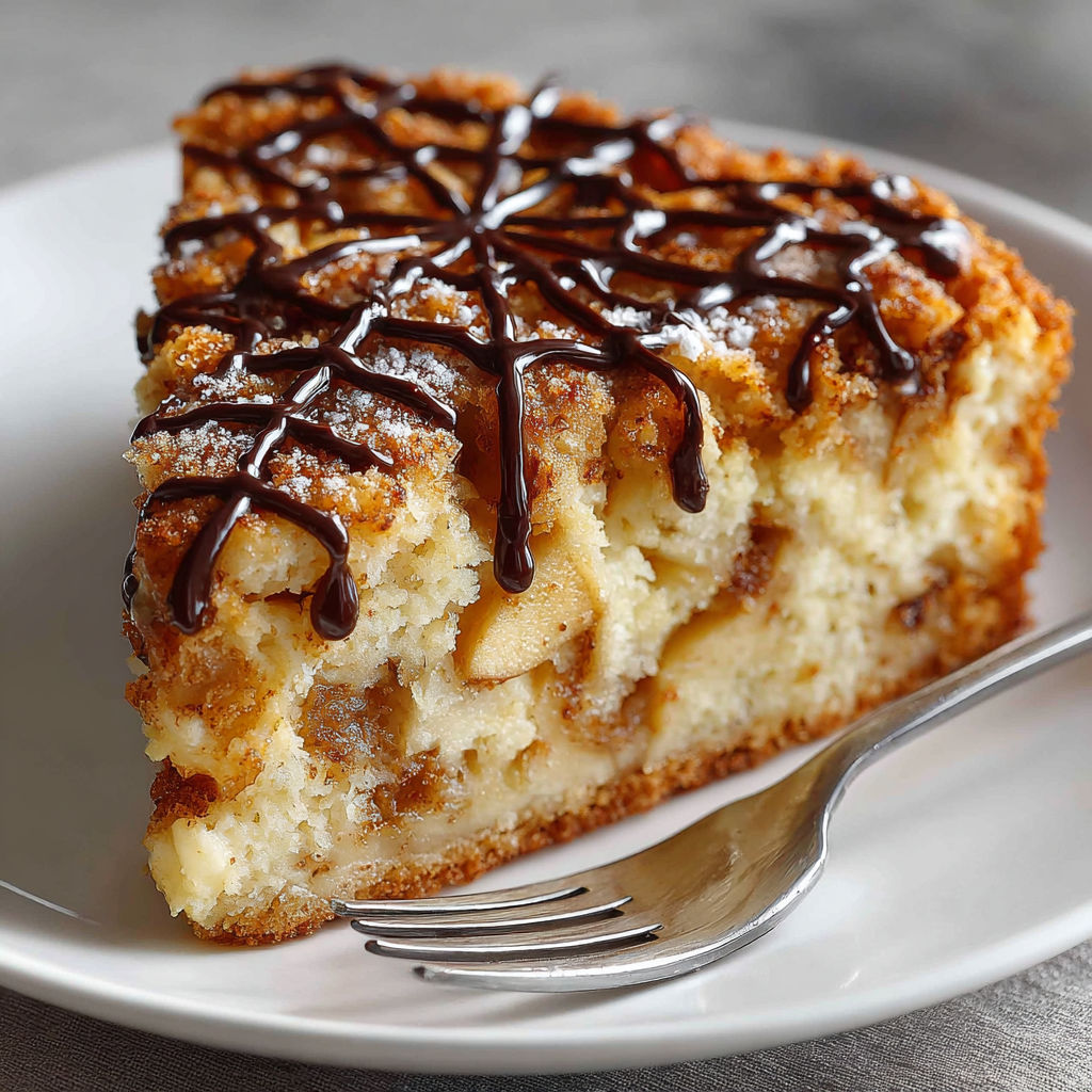 A slice of sugar-free apple cake with chocolate drizzle.