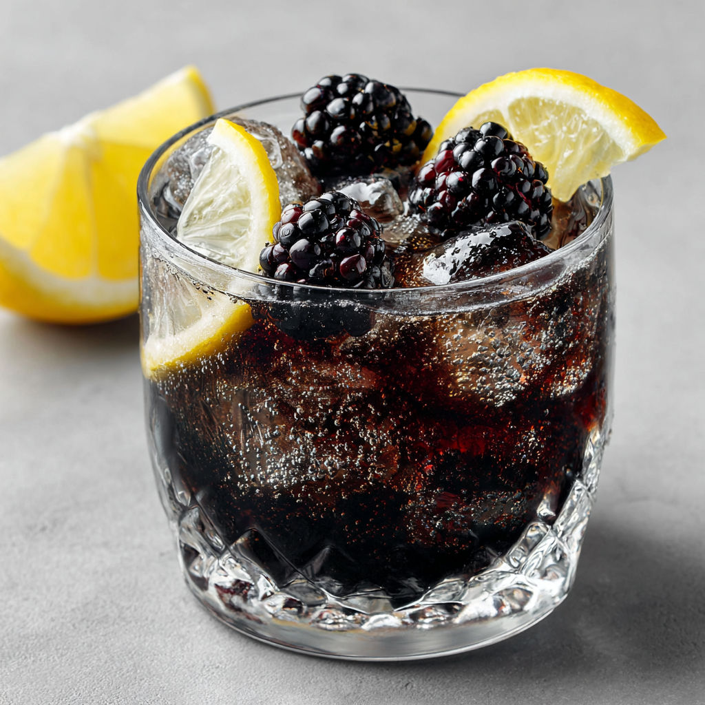 A glass of black gin cocktail with lemon slices.