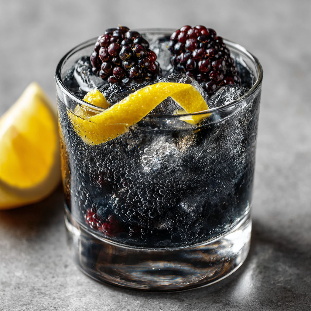 A glass of blackberry bramble with a lemon wedge.