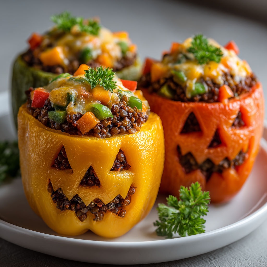 A plate of food with a pumpkin face on it.