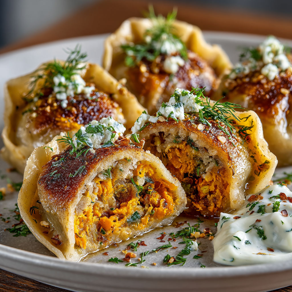 A plate of food with a white sauce on it.