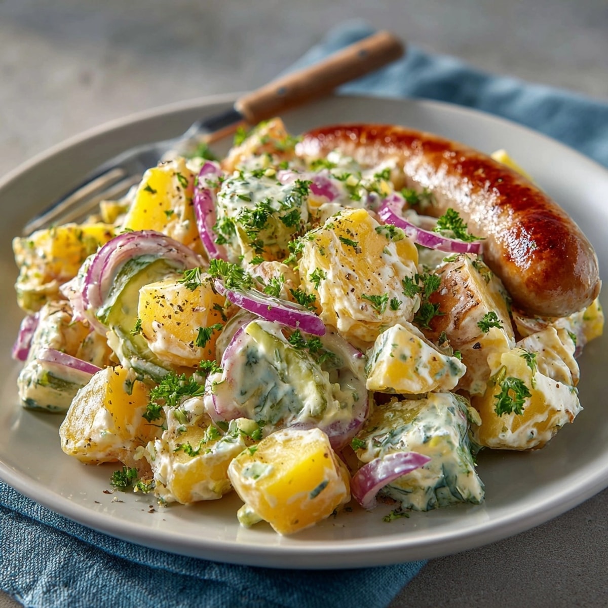 Deftiger Kartoffelsalat mit Würstchen: Cremige Kartoffeln vermischen sich mit geräucherten Wurststückchen in einer appetitlichen, dampfenden Schüssel.