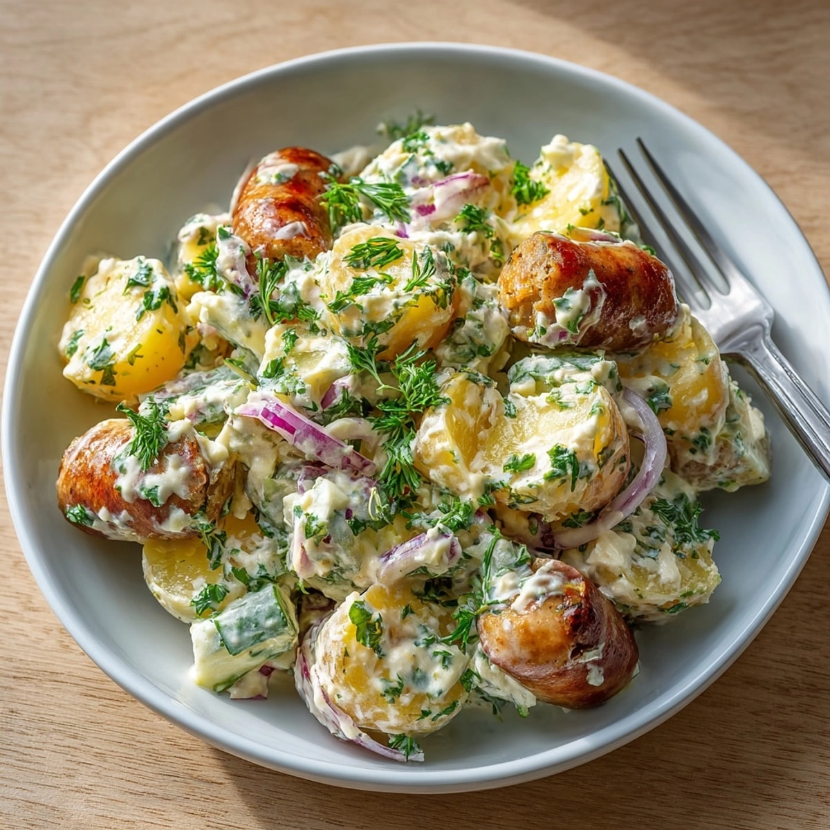 Rezept für deftigen Kartoffelsalat mit Würstchen: Ein deftiges Gericht für jeden Tag, lecker angerichtet und dampfend frisch.