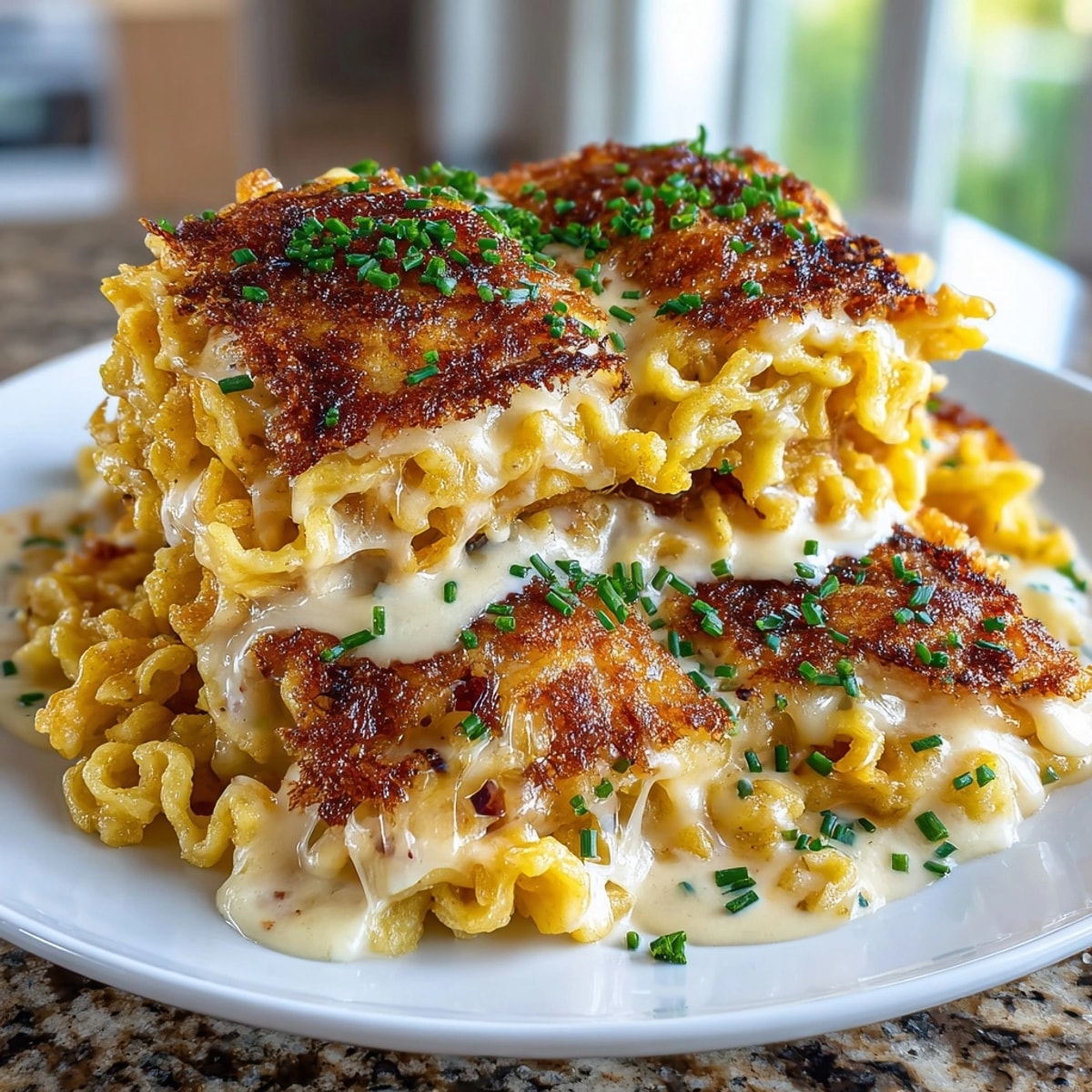 Käsespätzle: Golden, cheesy German noodles bubbling hot from the oven, ready to serve family style.