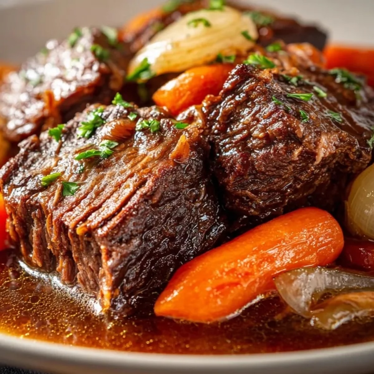 Sauerbraten: Zartes, geschmortes Rindfleisch in reichhaltiger, säuerlich-süßer Soße mit Ingwer, ein traditionelles deutsches Rezept.
