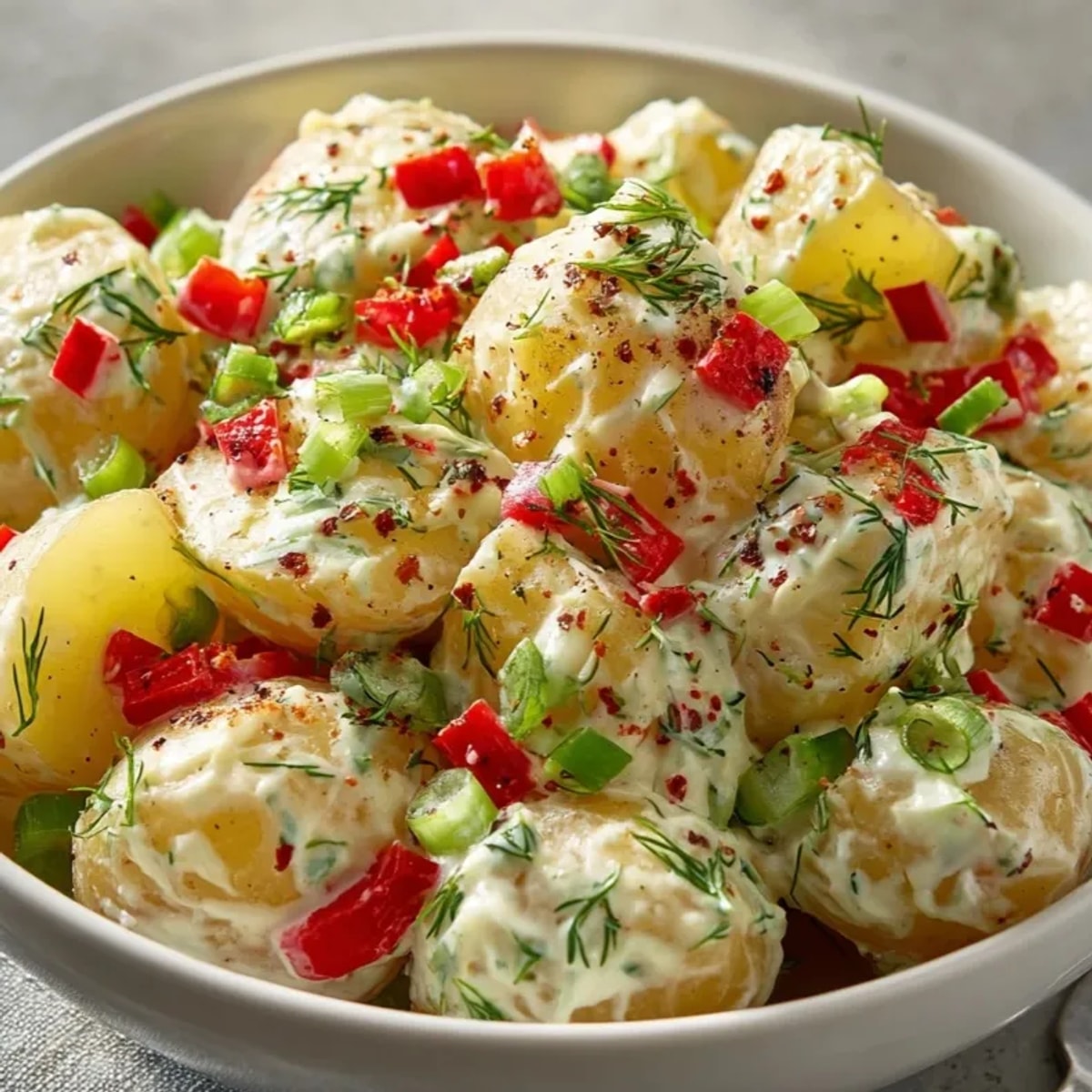 Hell und einladend: Cremiger Kartoffelsalat Light, perfekt gek&uuml;hlt serviert als Beilage beim n&auml;chsten Grillen.