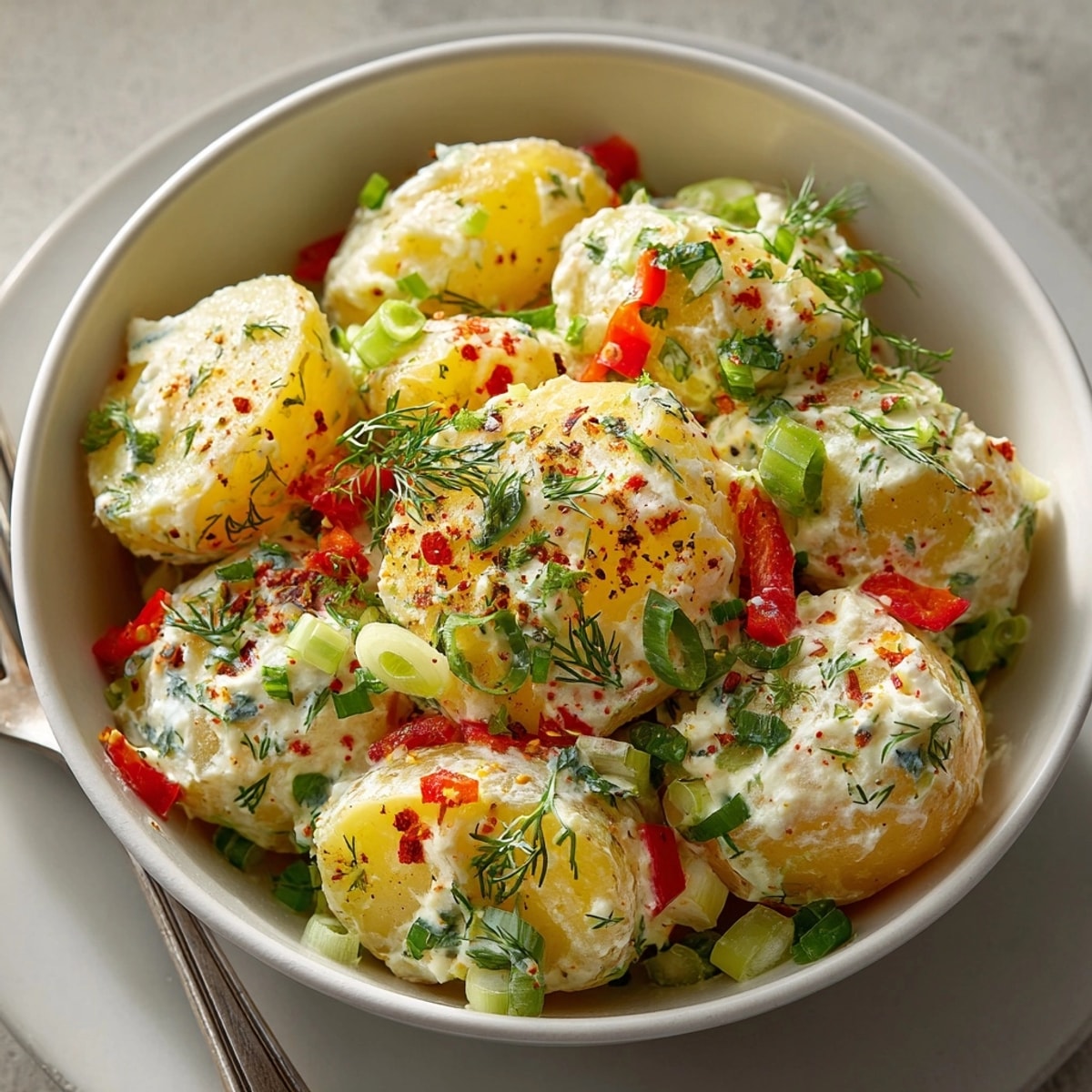 Genießen Sie diesen Cremigen Kartoffelsalat Light: Eine herzhaft-frische amerikanische Beilage mit Gemüse und Kräutern.