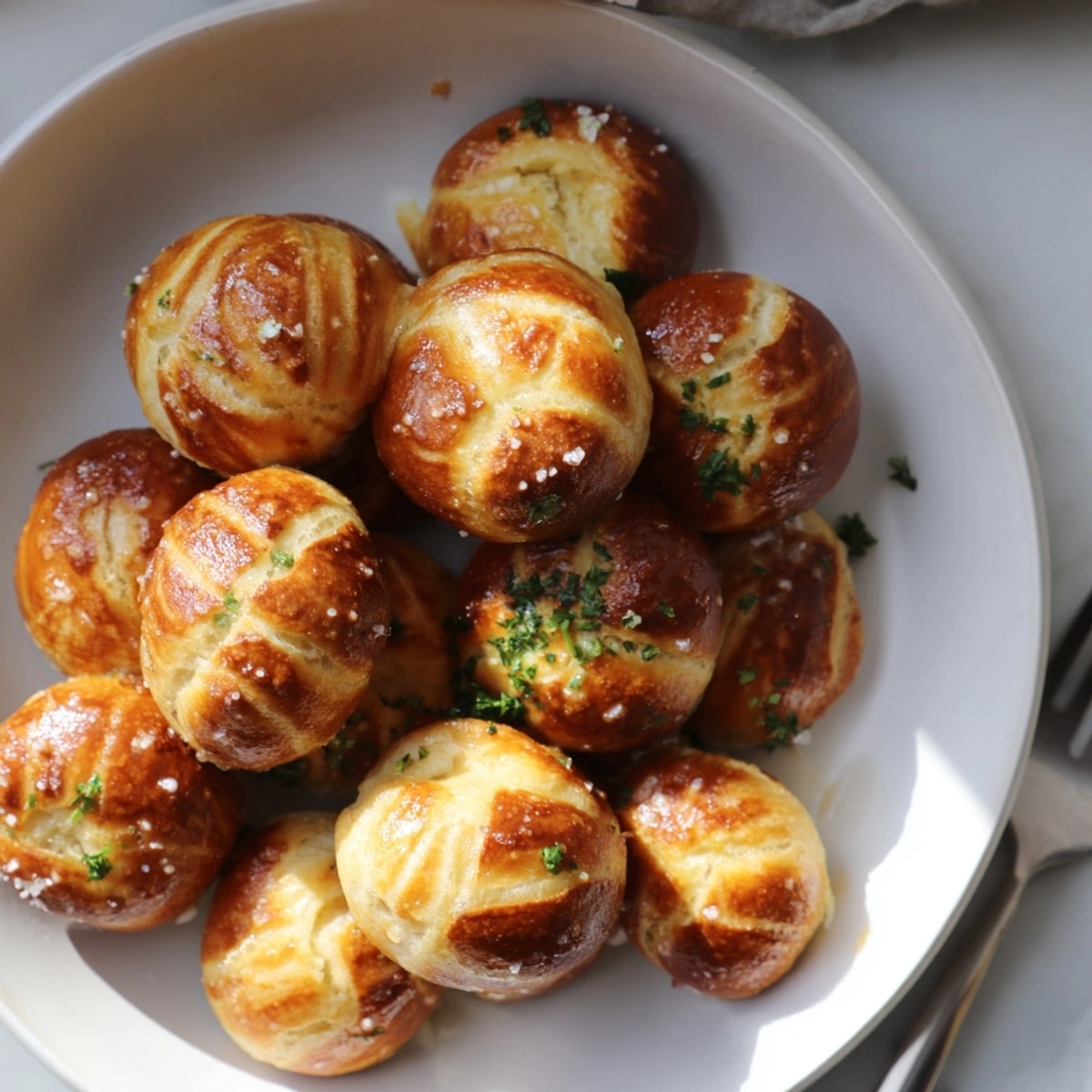 Flauschige, goldene Laugengebäck-Bissen, bestrichen mit reichhaltiger Knoblauchbutter – perfekt zum Snacken oder für Partys.