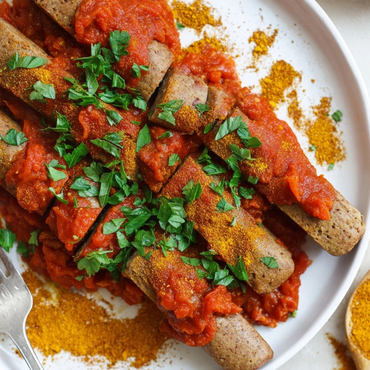 Ein Teller mit dampfender veganer Currywurst mit orientalischen Gewürzen garniert mit frischer Petersilie und Currypulver.